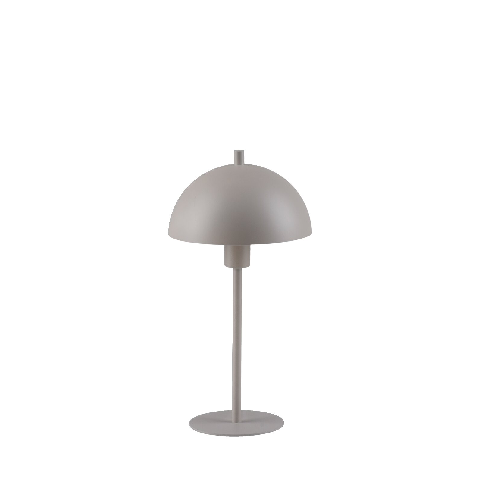 Minimalistische weiße Tischlampe mit halbkugelförmigem Schirm und rundem Standfuß, schwarzes Kabel auf grauem Hintergrund, frontal in leichter Untersicht fotografiert.