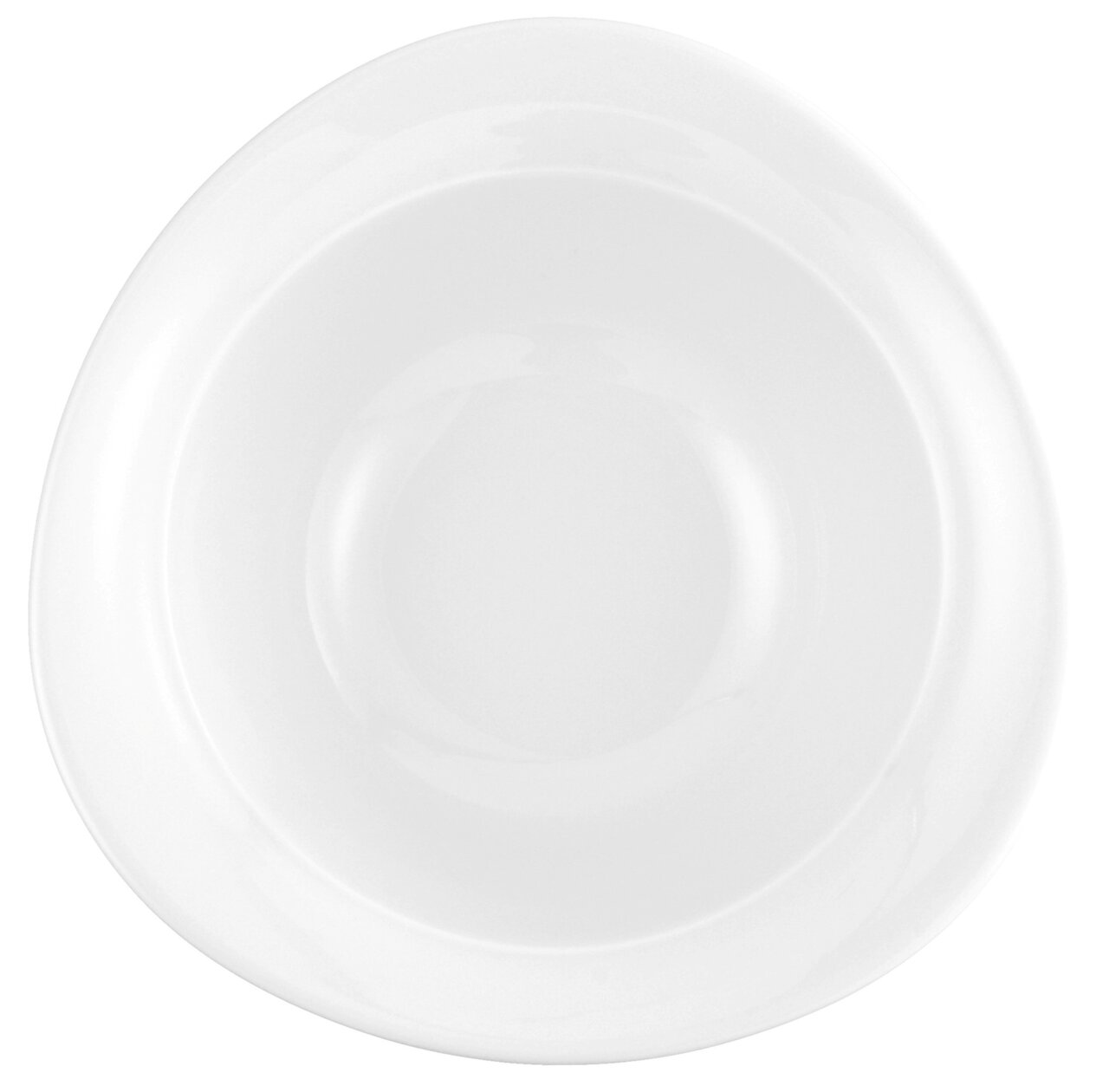 Bovenaanzicht van een wit, driehoekig dessertschaaltje met een glad oppervlak.