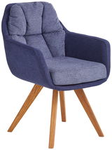 Moderner blauer Sessel mit Holzbeinen, seitliche Perspektive