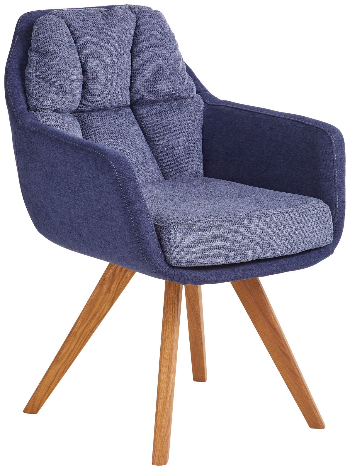 Moderner blauer Sessel mit Holzbeinen, seitliche Perspektive