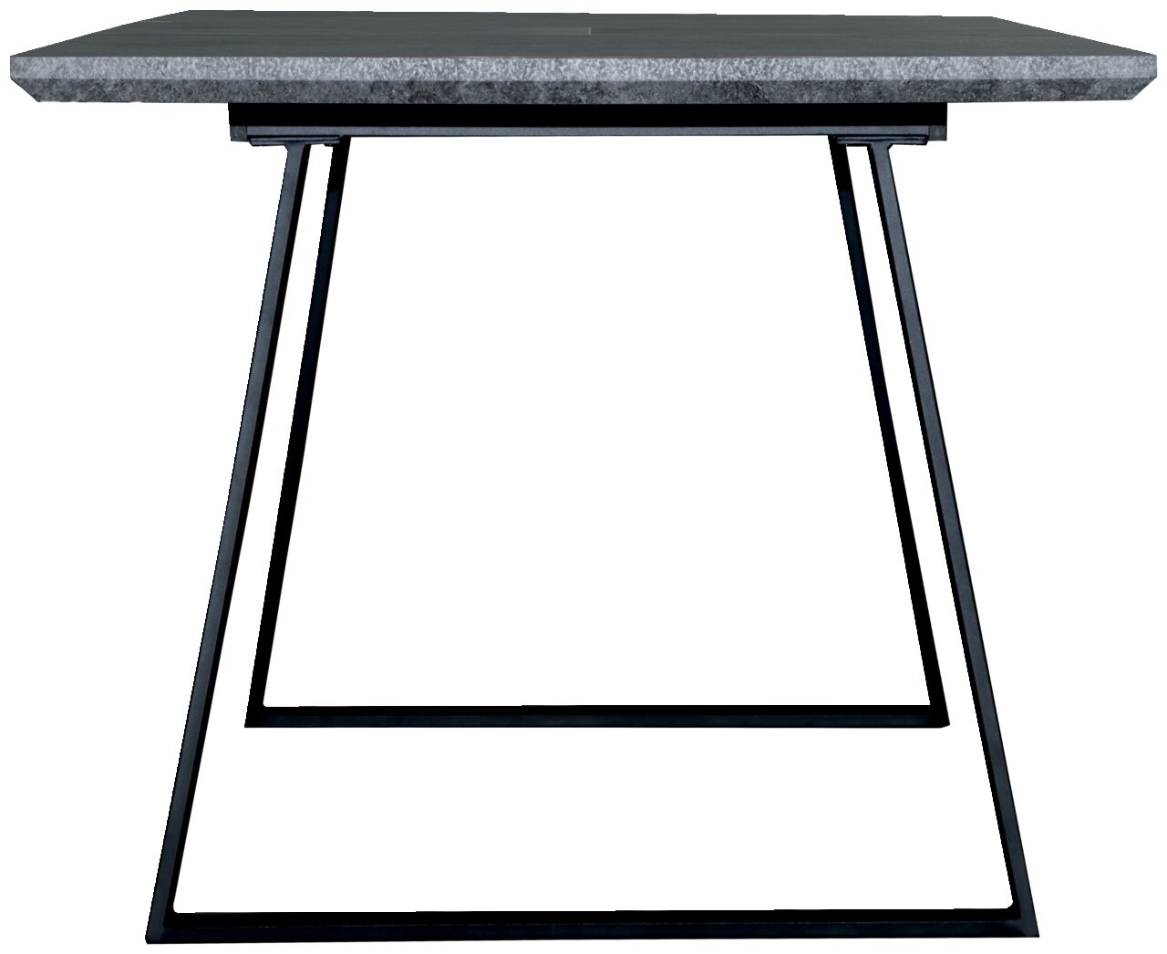 Moderne eettafel met zwart metalen onderstel en grijs tafelblad, zijaanzicht