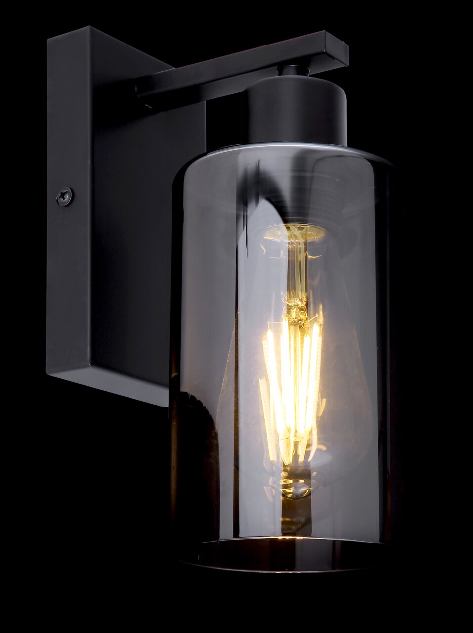 Moderne Wandleuchte mit schwarzem Metallrahmen und transparentem Glaszylinder, seitliche Perspektive