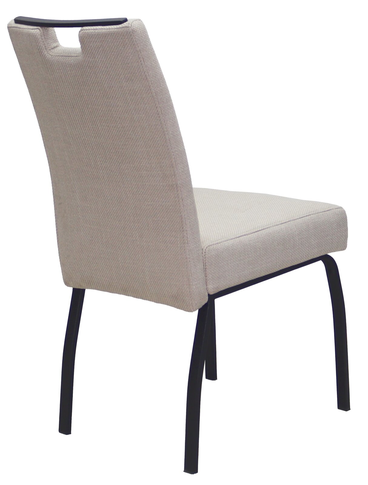 Moderner Stuhl mit beigem Stoffbezug und schwarzem Metallgestell, Rückansicht