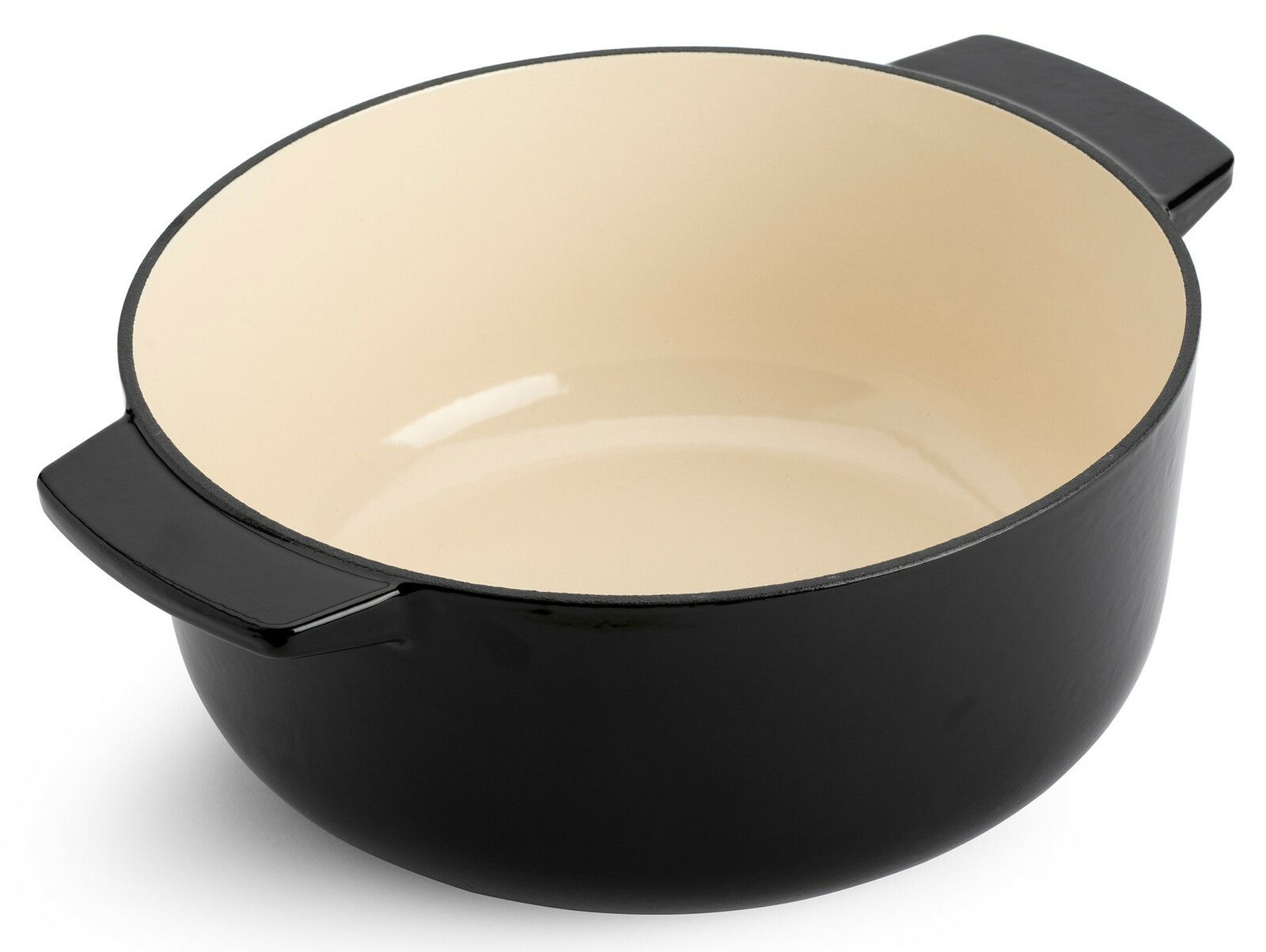 Runder Gusseisen Bräter 26cm in Schwarz mit cremefarbener Innenbeschichtung, seitliche Perspektive