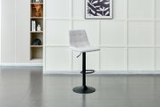 Moderner Barhocker mit grauem Stoffbezug und schwarzem Metallfuß, seitliche Perspektive