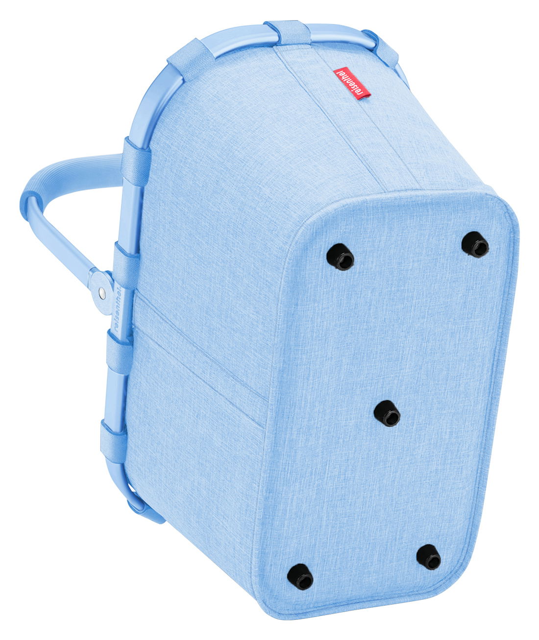 Hellblauer Einkaufskorb mit stabilem Rahmen und Tragegriff, Ansicht von unten.