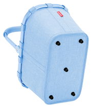 Hellblauer Einkaufskorb mit stabilem Rahmen und Tragegriff, Ansicht von unten.