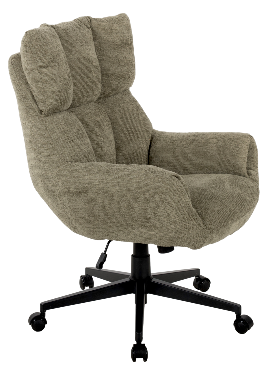 Bequemer Chefsessel in seitlicher Perspektive mit gepolstertem Stoffbezug und stabiler schwarzer Basis auf Rollen.