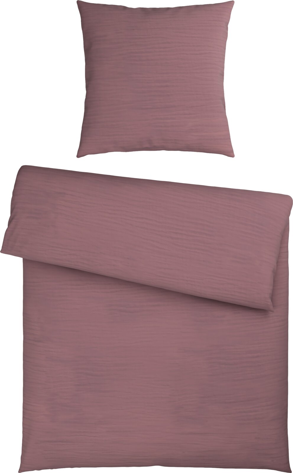 Einfarbige Bettwäsche in Altrosa/Mauve mit feiner Struktur, bestehend aus Deckenbezug und Kissenbezug, frontal von oben (Draufsicht) auf weißem Hintergrund