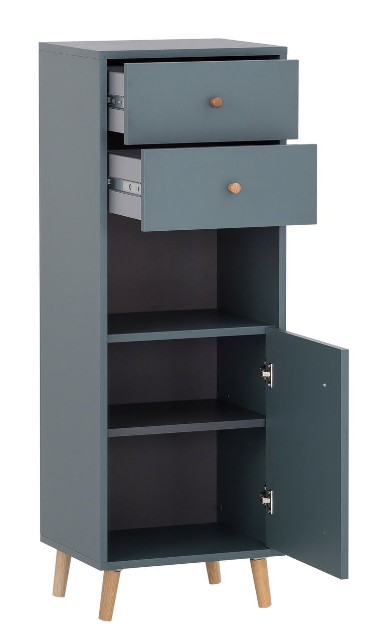 Graues Highboard mit zwei offenen Schubladen und einer geöffneten Tür, auf Holzbeinen stehend, seitliche Perspektive
