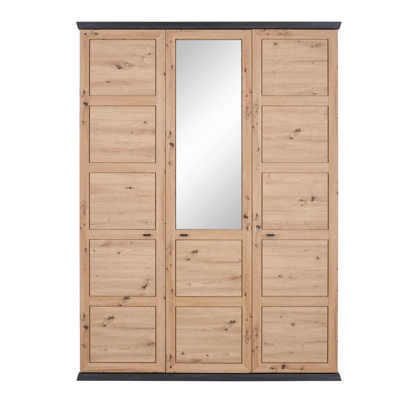 Drehtürenschrank 3-türig aus Holz mit mittlerem Spiegel, Frontalansicht