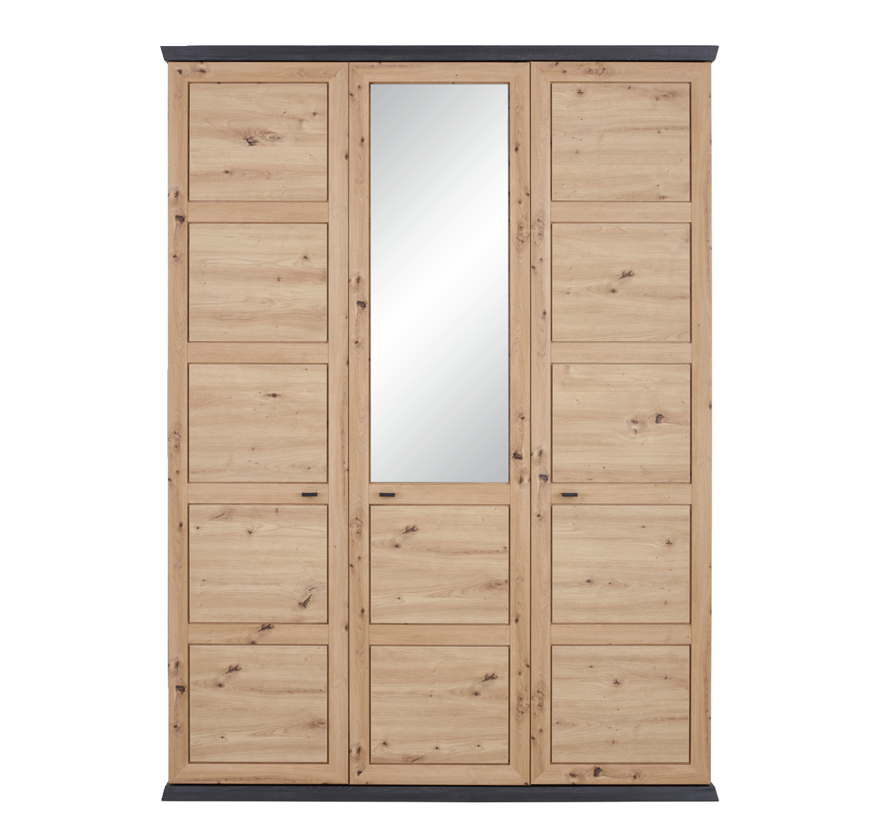 Drehtürenschrank 3-türig aus Holz mit mittlerem Spiegel, Frontalansicht