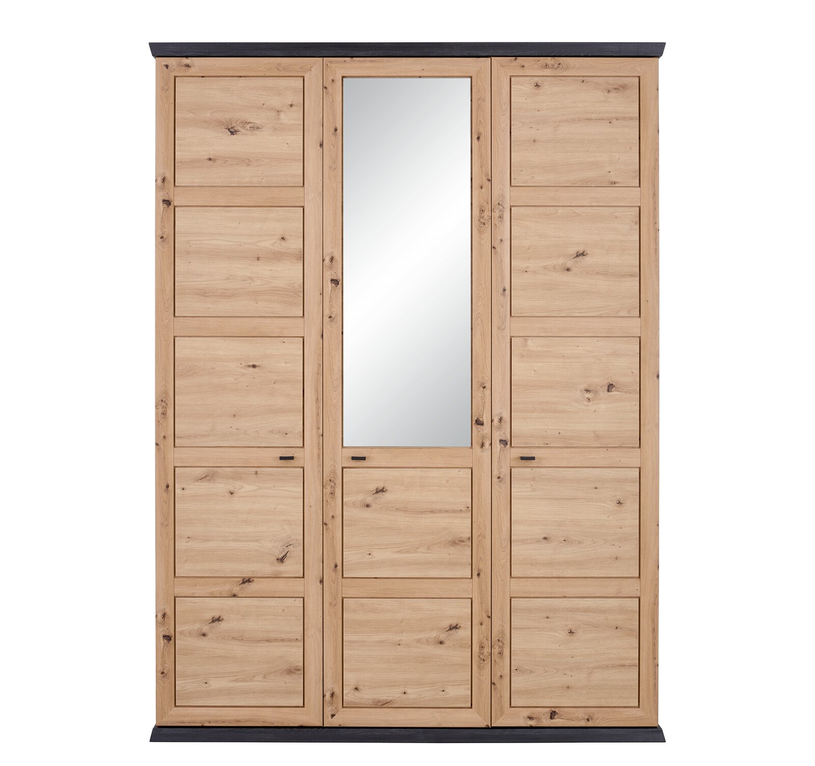 Drehtürenschrank 3-türig aus Holz mit mittlerem Spiegel, Frontalansicht