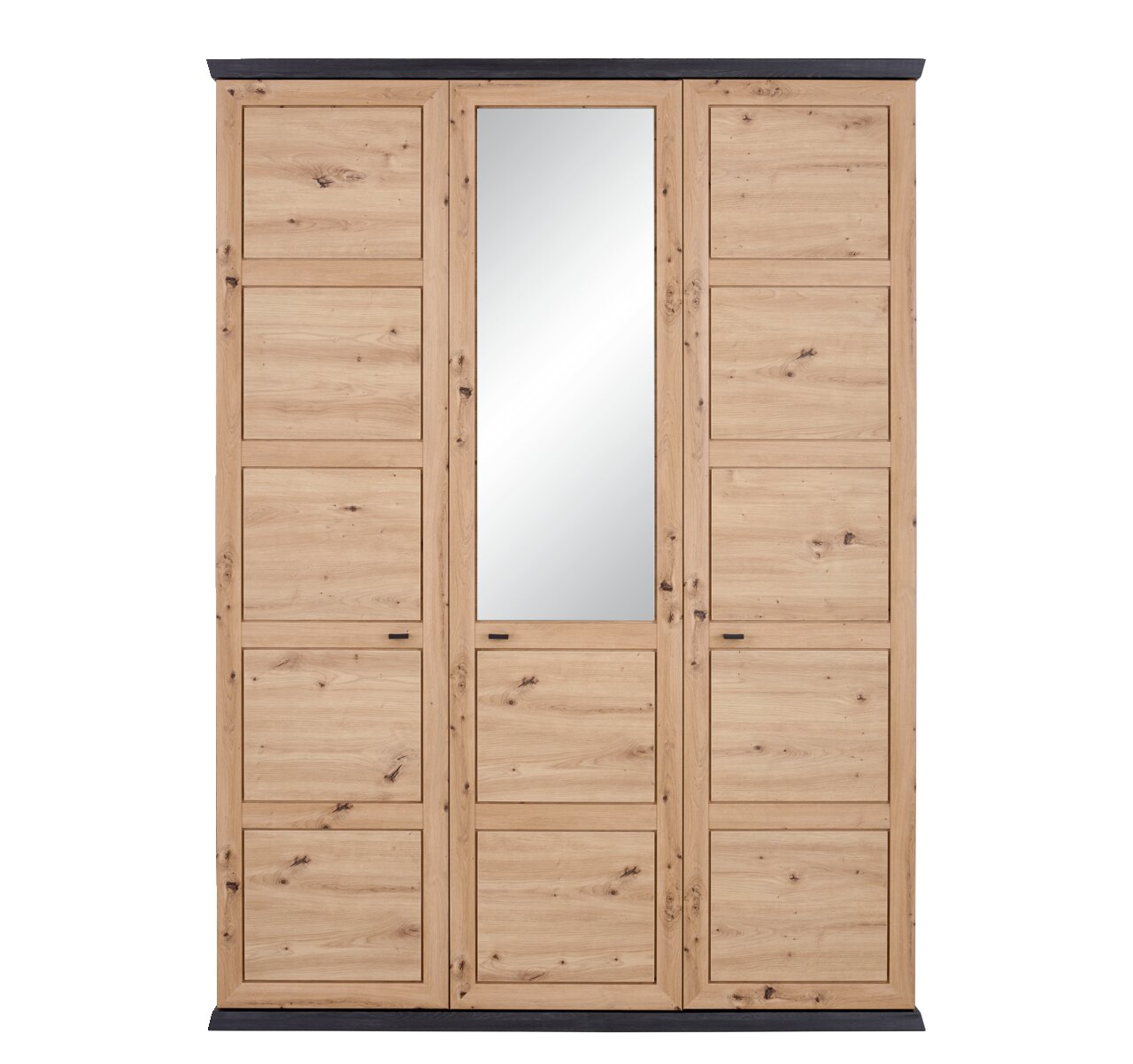 Drehtürenschrank 3-türig aus Holz mit mittlerem Spiegel, Frontalansicht