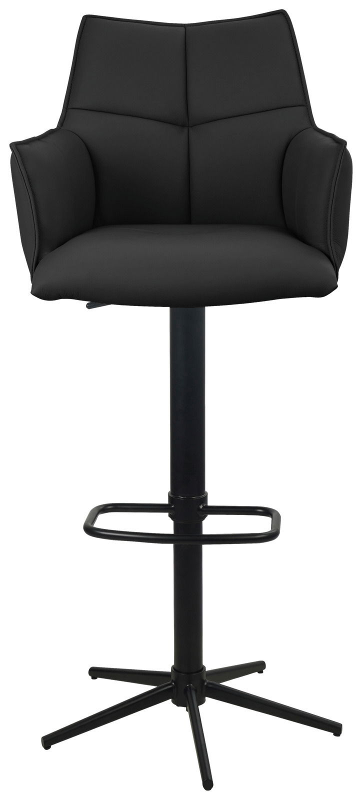 Schwarzer Barstuhl mit Armlehnen und gepolsterter Rückenlehne, frontal fotografiert.