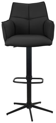Schwarzer Barstuhl mit Armlehnen und gepolsterter Rückenlehne, frontal fotografiert.