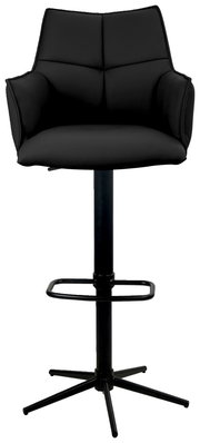Schwarzer Barstuhl mit Armlehnen und gepolsterter Rückenlehne, frontal fotografiert.