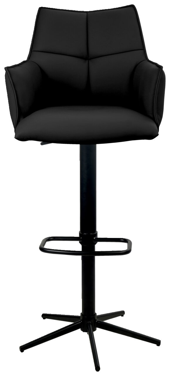 Schwarzer Barstuhl mit Armlehnen und gepolsterter Rückenlehne, frontal fotografiert.