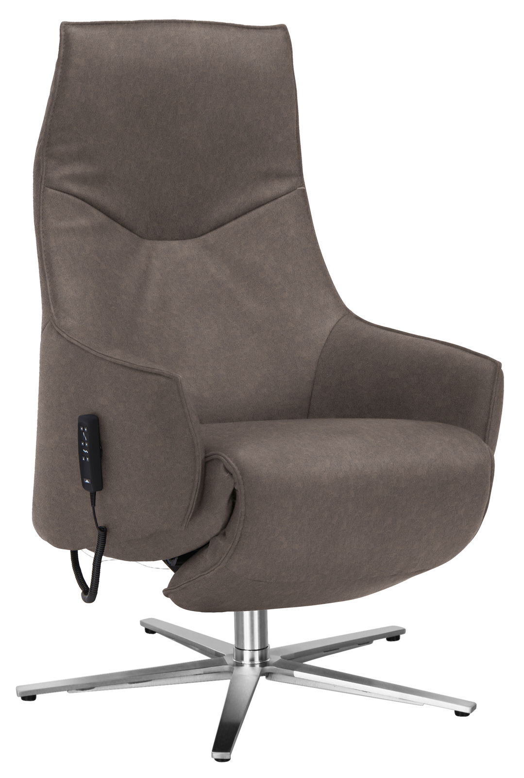 Himolla Relaxsessel 7162 S-LOUNGER Moderner Relaxsessel in braunem Stoffbezug mit verstellbarer Rückenlehne und silbernem Drehfuß, seitliche Perspektive