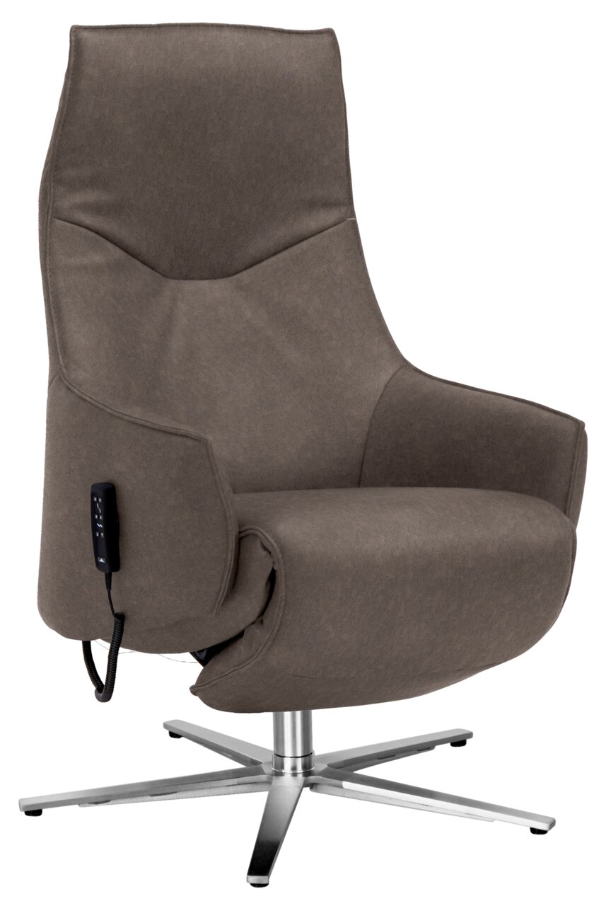 Himolla Relaxsessel 7162 S-LOUNGER Moderner Relaxsessel in braunem Stoffbezug mit verstellbarer Rückenlehne und silbernem Drehfuß, seitliche Perspektive