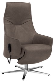 Moderner Relaxsessel in braunem Stoffbezug mit verstellbarer Rückenlehne und silbernem Drehfuß, seitliche Perspektive