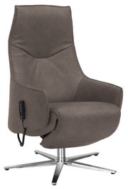 Moderner Relaxsessel in braunem Stoffbezug mit verstellbarer Rückenlehne und silbernem Drehfuß, seitliche Perspektive