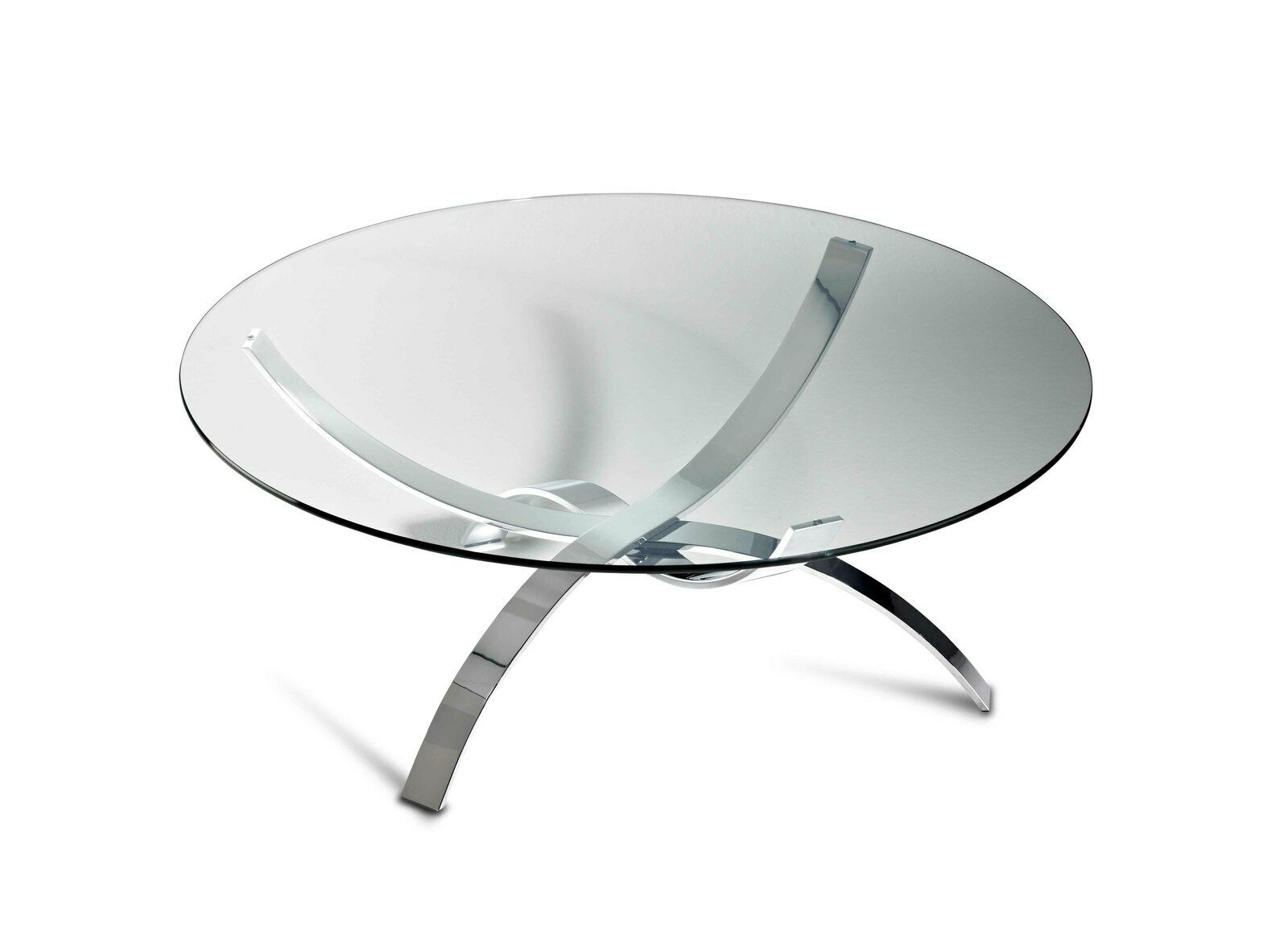 Moderner Couchtisch mit runder Glasplatte und gebogenen Metallbeinen, seitliche Perspektive