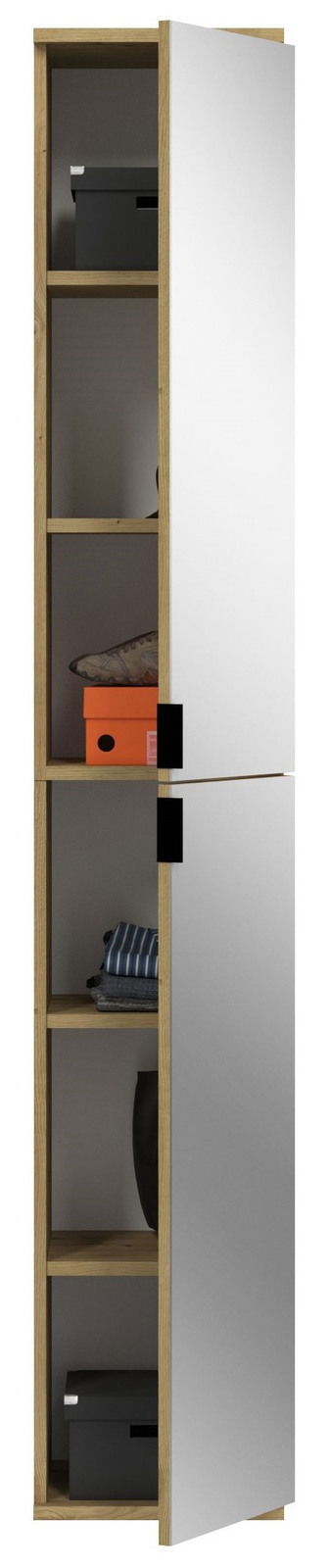 Hochformatiger Spiegelschrank mit Holzrahmen, teilweise geöffnete Tür, zeigt Regalböden mit Aufbewahrungsboxen und Kleidung, Frontalansicht.