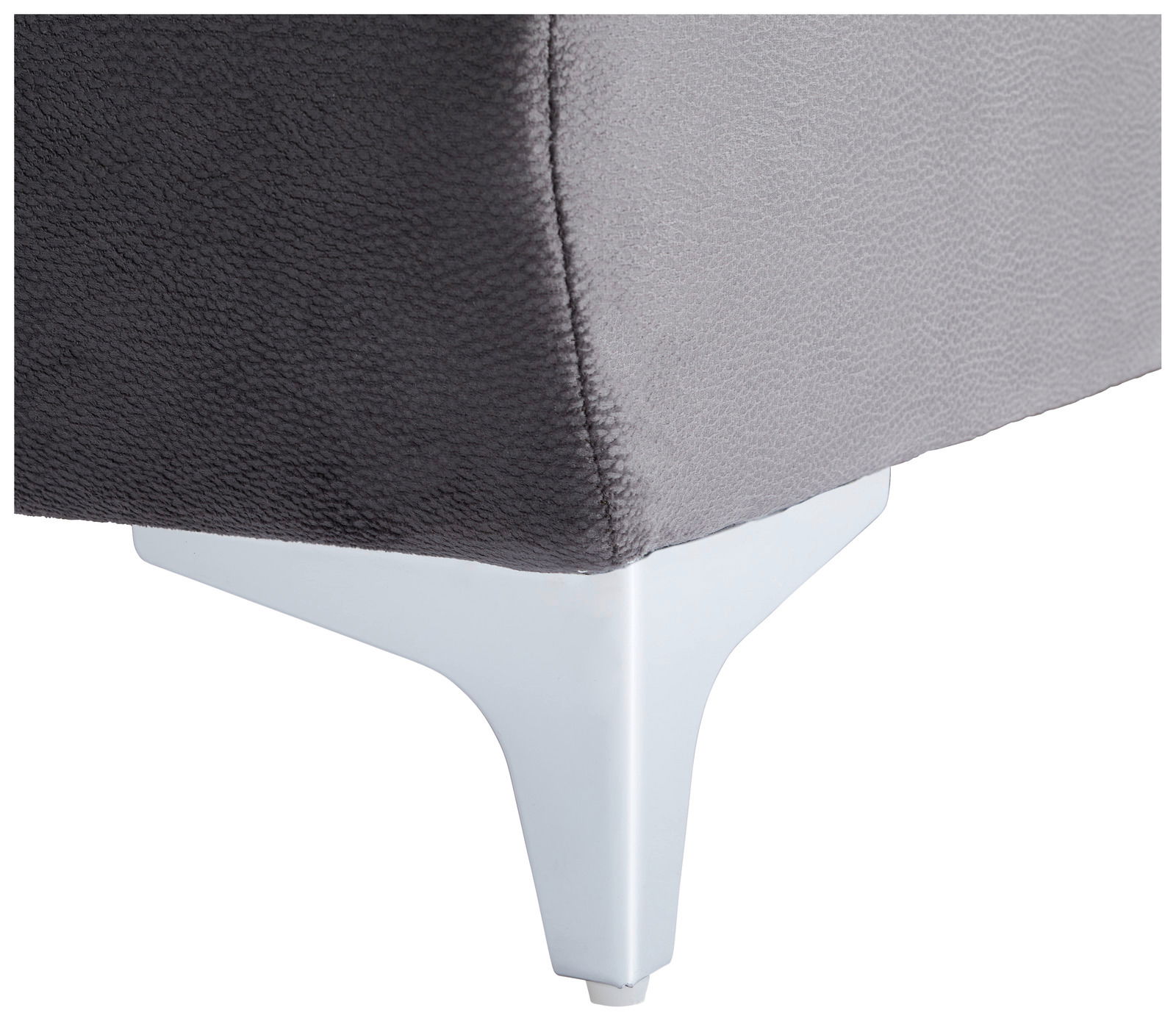 Nahaufnahme einer grauen Rundecke mit weißem Metallfuß, seitliche Perspektive