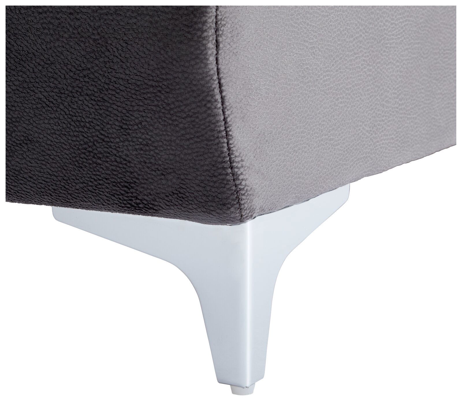 Nahaufnahme einer grauen Rundecke mit weißem Metallfuß, seitliche Perspektive