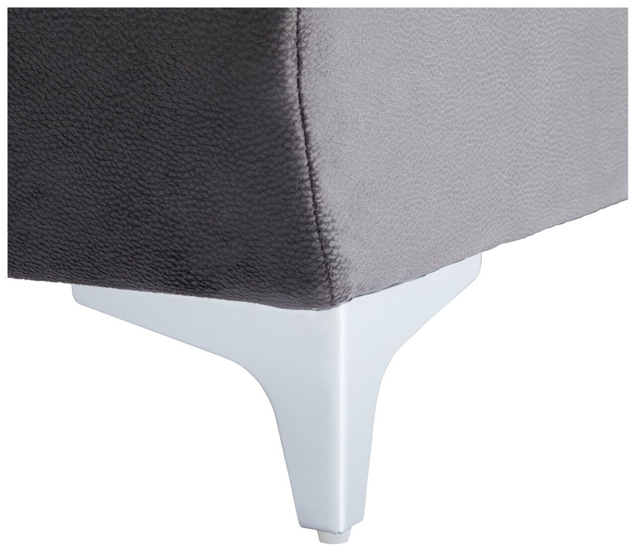 Nahaufnahme einer grauen Rundecke mit weißem Metallfuß, seitliche Perspektive