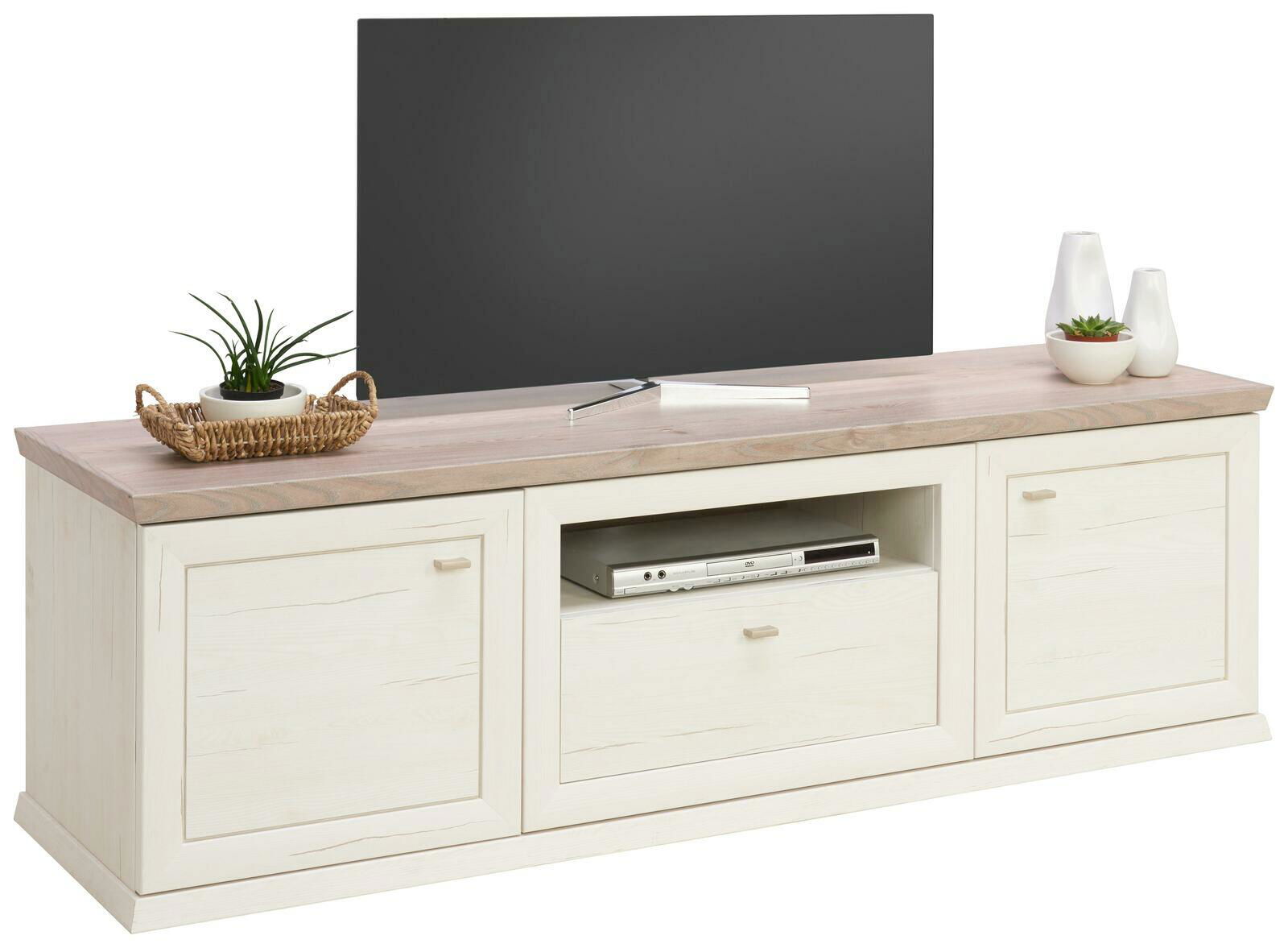 Hom´in TV-Lowboard CAMRON TV-Lowboard der Serie Camron/Benton in heller Holzoptik mit zwei Türen und einem offenen Fach, dekoriert mit Pflanzen und Vasen, aus frontaler Perspektive.