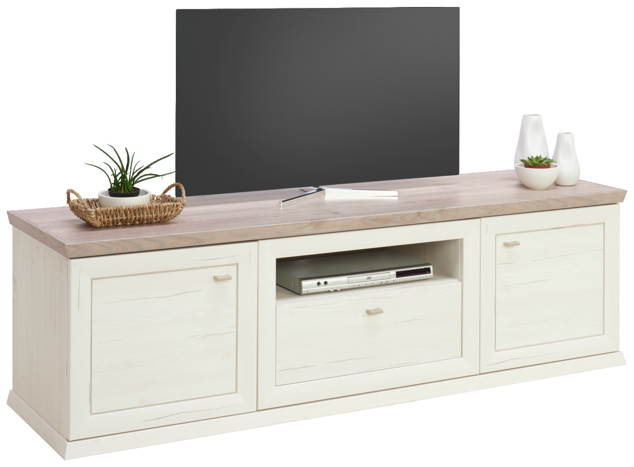 Hom´in TV-Lowboard CAMRON TV-Lowboard der Serie Camron/Benton in heller Holzoptik mit zwei Türen und einem offenen Fach, dekoriert mit Pflanzen und Vasen, aus frontaler Perspektive.