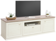 TV-Lowboard der Serie Camron/Benton in heller Holzoptik mit zwei Türen und einem offenen Fach, dekoriert mit Pflanzen und Vasen, aus frontaler Perspektive.