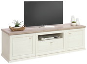 TV-lowboard uit de Camron/Benton-serie in een lichte houtlook met twee deuren en een open vak, versierd met planten en vazen, gezien van voren.