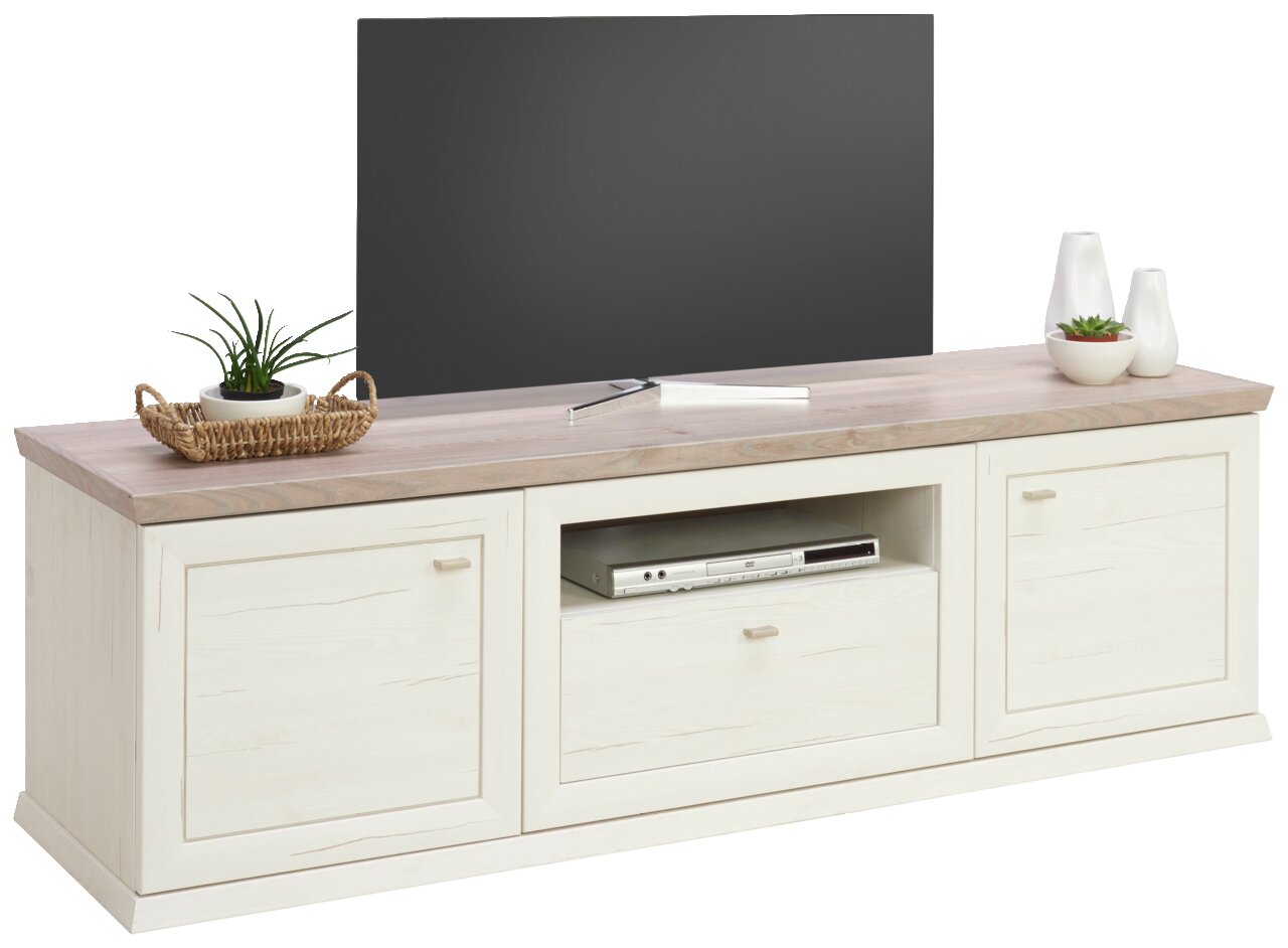 TV-lowboard uit de Camron/Benton-serie in een lichte houtlook met twee deuren en een open vak, versierd met planten en vazen, gezien van voren.