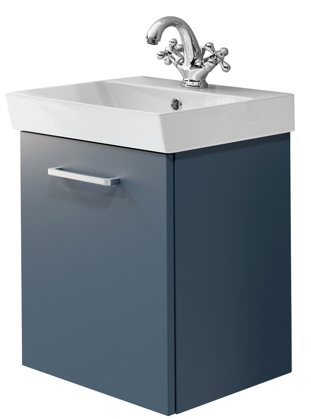 Modernes Badezimmer-Waschbecken mit grauem Waschtischunterschrank und verchromter Zweigriff-Armatur, frontal in leichter Seitenperspektive von vorne fotografiert.