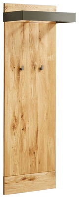 Garderobenpaneel aus Holz mit zwei Haken und einem oberen Regal, seitliche Perspektive