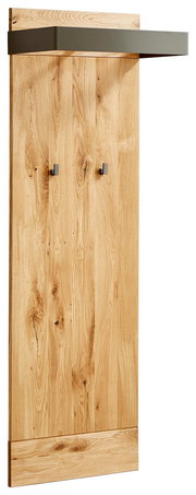 Garderobenpaneel aus Holz mit zwei Haken und einem oberen Regal, seitliche Perspektive