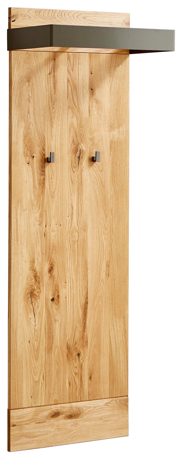 Garderobenpaneel aus Holz mit zwei Haken und einem oberen Regal, seitliche Perspektive