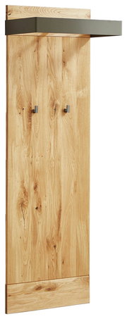 Garderobenpaneel aus Holz mit zwei Haken und einem oberen Regal, seitliche Perspektive