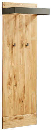 Garderobenpaneel aus Holz mit zwei Haken und einem oberen Regal, seitliche Perspektive