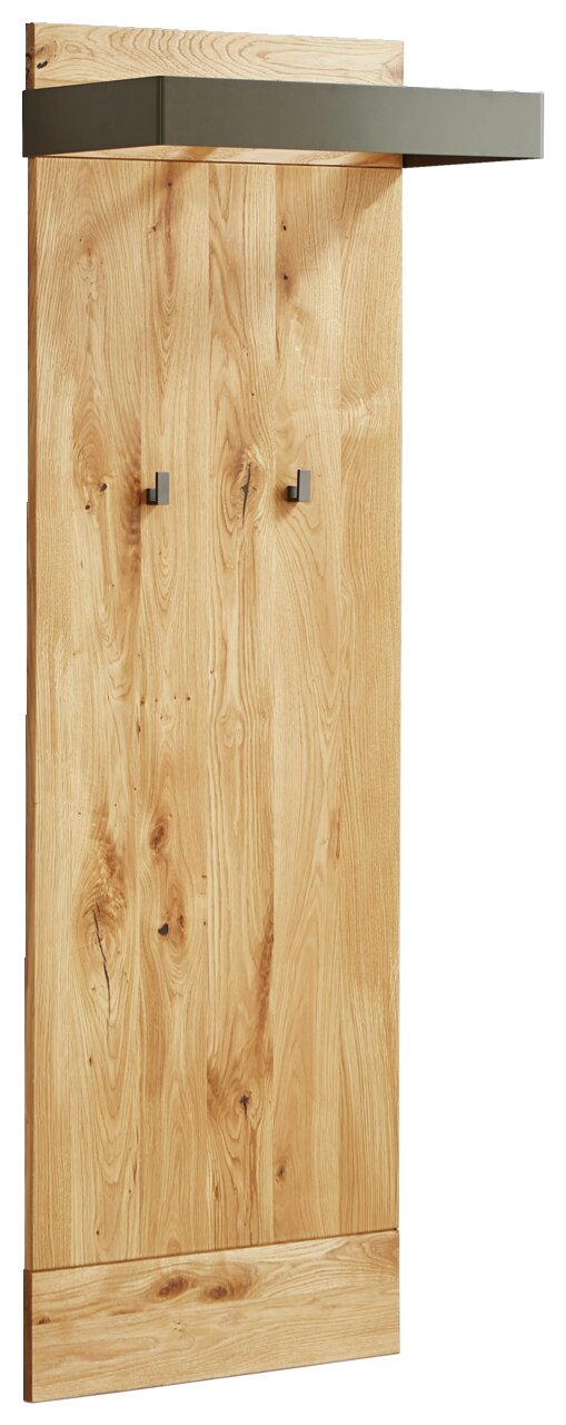 Garderobenpaneel aus Holz mit zwei Haken und einem oberen Regal, seitliche Perspektive