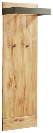 Garderobenpaneel aus Holz mit zwei Haken und einem oberen Regal, seitliche Perspektive