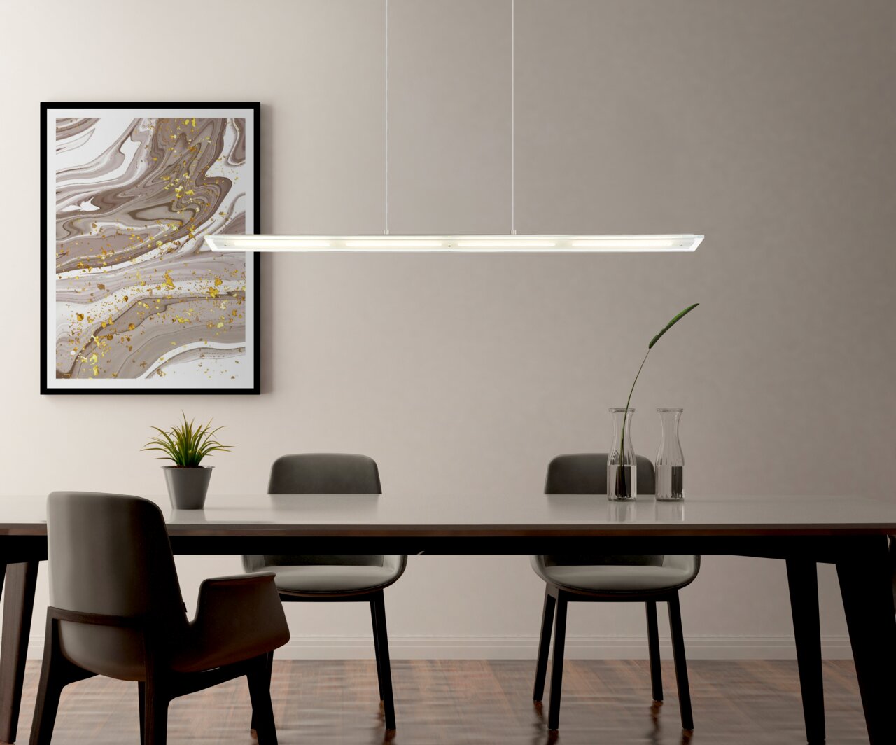 Globo Lighting LED-Hängeleuchte NOVAK Moderne LED-Hängeleuchte über einem Esstisch, seitliche Perspektive