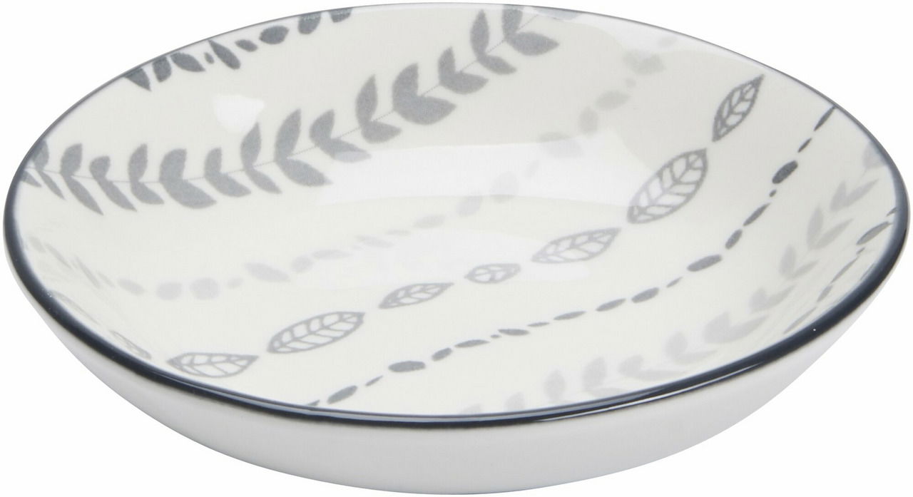 Ritzenhoff & Breker Schale flach SENDAI Schale mit Sendai Muster, 10,3 cm, von oben fotografiert, mit grauen Blattmotiven auf weißem Hintergrund.