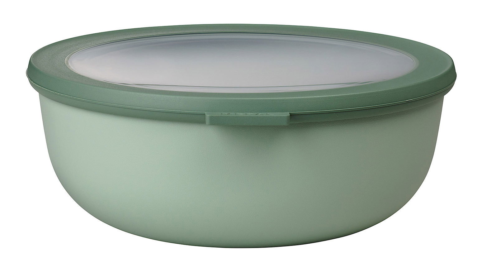 Grüne runde Multischüssel Cirqula mit transparentem Deckel, seitliche Perspektive