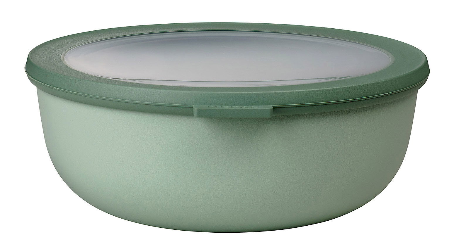 Grüne runde Multischüssel Cirqula mit transparentem Deckel, seitliche Perspektive