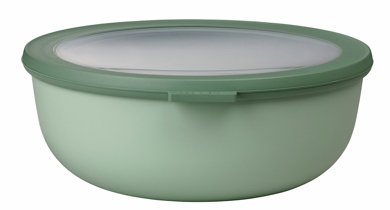 Grüne runde Multischüssel Cirqula mit transparentem Deckel, seitliche Perspektive