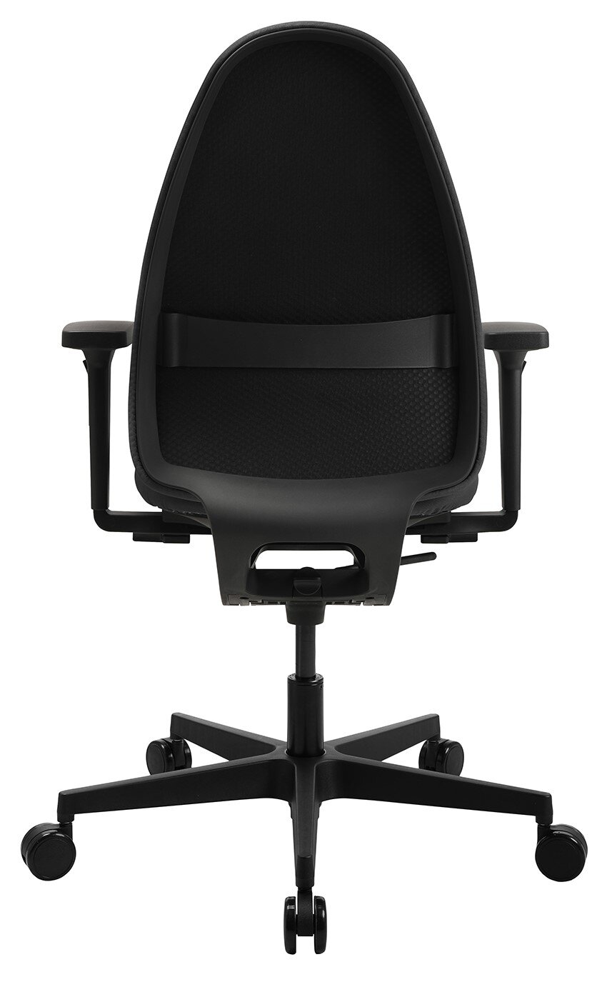 Rückansicht eines schwarzen Bürostuhls mit Armlehnen und Rollen